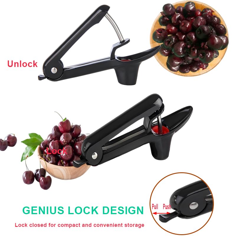 Cherry Pitter Tool - Heavy-Duty Stainless Steel Olive and Cherry Pitters Corer Tool with Space-Saving Lock Design, Multi-Function Cherries Stoner Seed Remover Tool for Making Cherry Jam (Black)