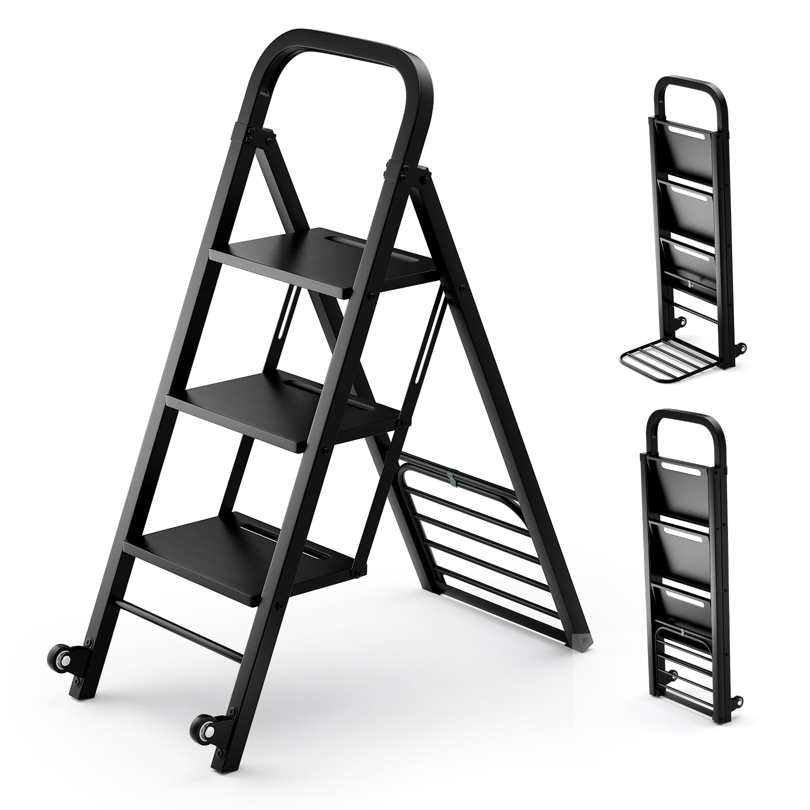 S AFSTAR 2-in-1 Folding Ladder & Hand Truck Combo, 3-Step Step Ladder with Wheels, Convertible Hand Cart with Wide Steps, 550 Max Load, Heavy-Duty Metal Dolly Cart Ladder for Home Office Garage