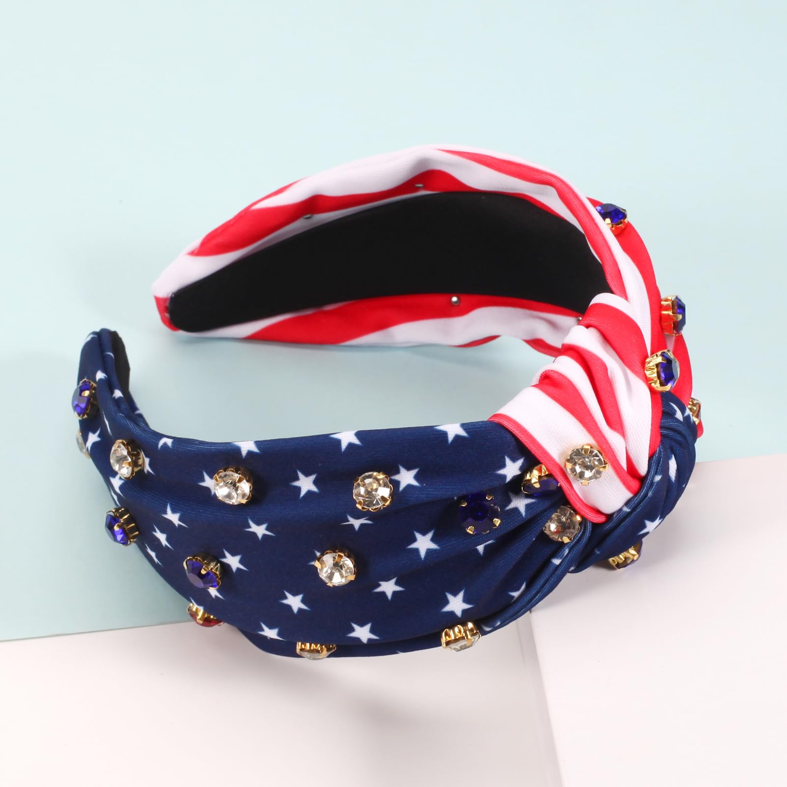 Budsmile American Flag Headbands for Women Girls Independence Day 4th of July Red White Blue Patriotic Headband USA Knotted Wide Rhinestone Hair Accessories Hair Hoops