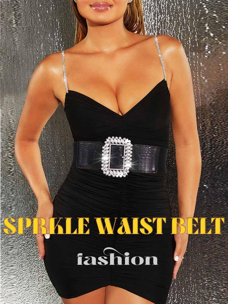 Yalice Rhinestone Waist Belt Wide Elastic Belt for Dresses Sparkle Crystal Stretchy Belts Ladies Cinch Waist Band for Women (Black, Fit Waist Belt: 32''-37'')