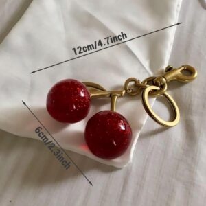 Generic Cherry Bag Charm Cherry Keychain Charm Metal Accessory Sparkling Resin for Purses and Bags, Red