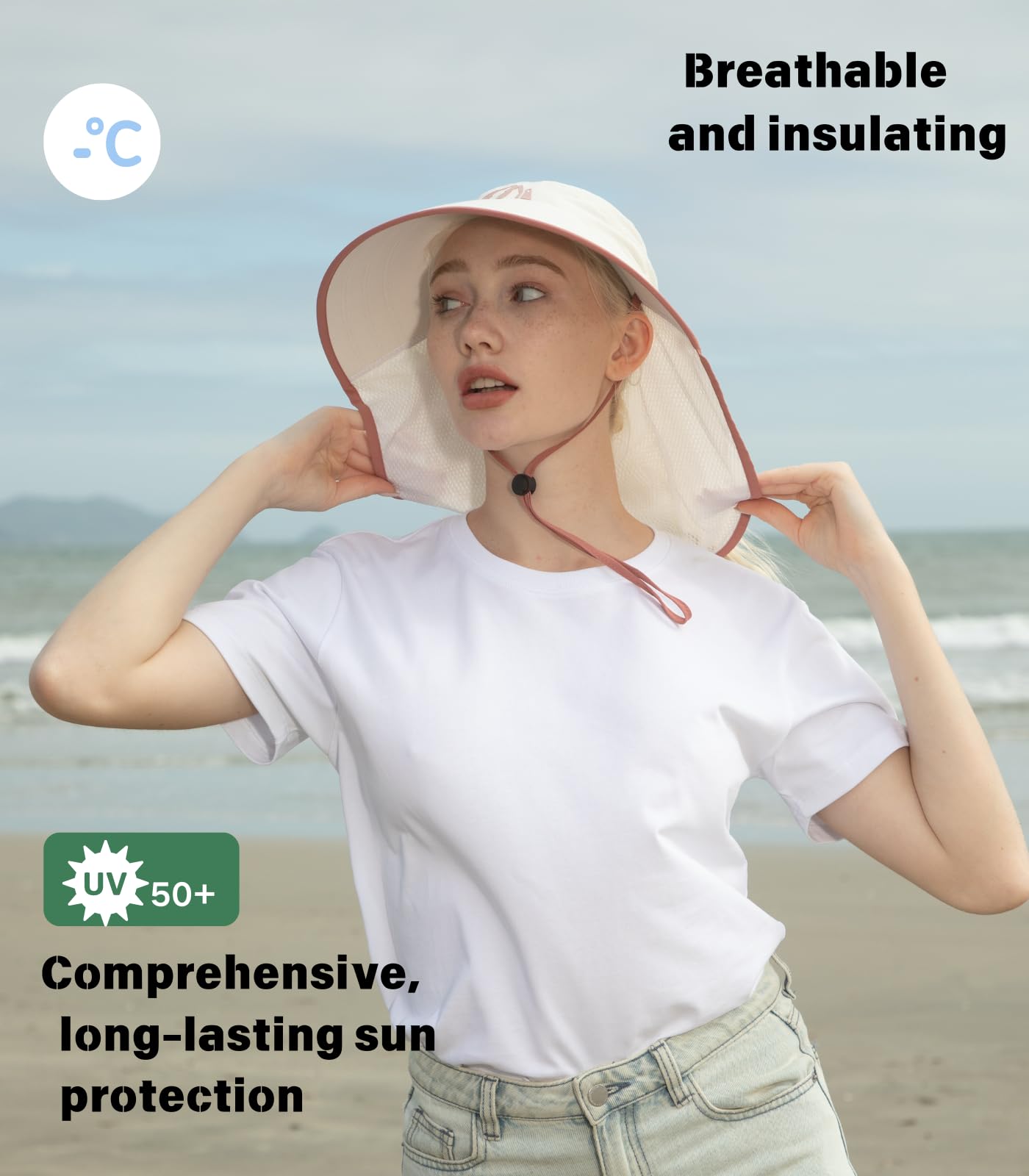 Sun Hats for Women Wide Brim Beach Sun Hat UV 50+Protection Packable HAT for Women Hiking Fishing with Neck Flap Off-White