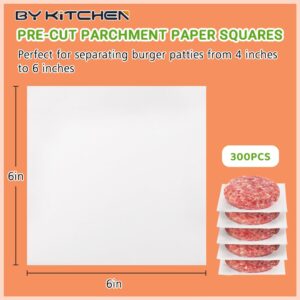 BYKITCHEN Parchment Paper Squares for Burger Press, Set of 300, 6 x 6 Inch Hamburger Patty Paper, Non Stick Patty Paper for Smash Burger Press, Burger Patty Maker, Separating Freezing Burgers & More