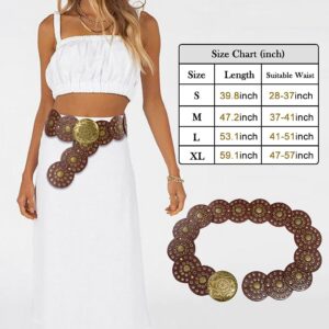 Liutufy Wide Disc Belt for Women Vintage Hollow Boho Leather Belt Western Chunky Waist Belt Cowboy Metal Buckle Concho Belts (Copper Brown A-XL)