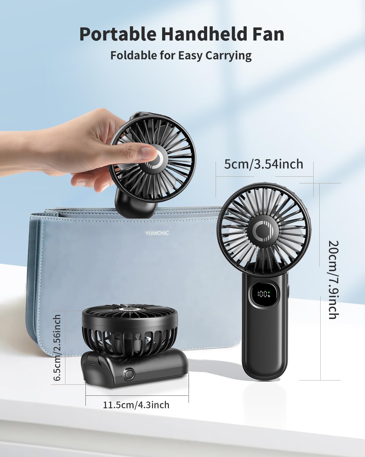 Handheld Fan, Foldable Portable Fan with LED Display, 3000mAh Battery Operated Mini Hand Held Fan, Handheld/Neck/Desk 3 in 1 Personal Small Fan for Eyelash Makeup Travel Beach Outdoor Black