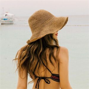 Women Sun Hat Wide Brim Floppy Beach Hat Breathable Straw Hat Foldable Packable Summer Outdoor Sun Protection Cap C-Khaki