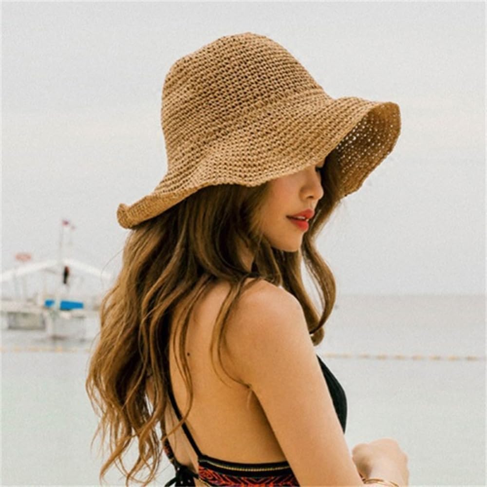 Women Sun Hat Wide Brim Floppy Beach Hat Breathable Straw Hat Foldable Packable Summer Outdoor Sun Protection Cap C-Khaki