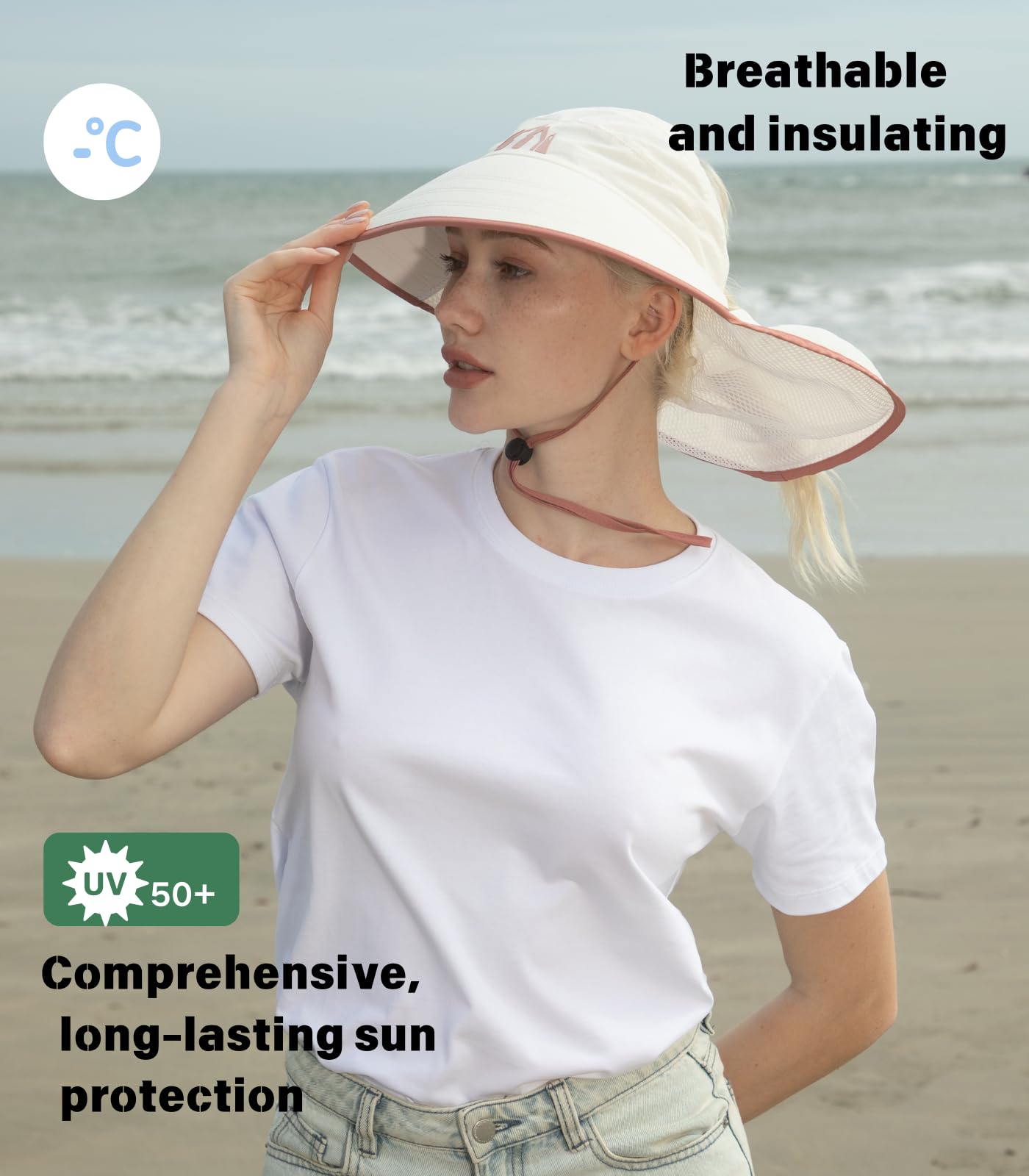 Sun Hats for Women Wide Brim Beach Sun Hat UV 50+Protection Packable HAT for Women Hiking Fishing with Neck Flap Off-White