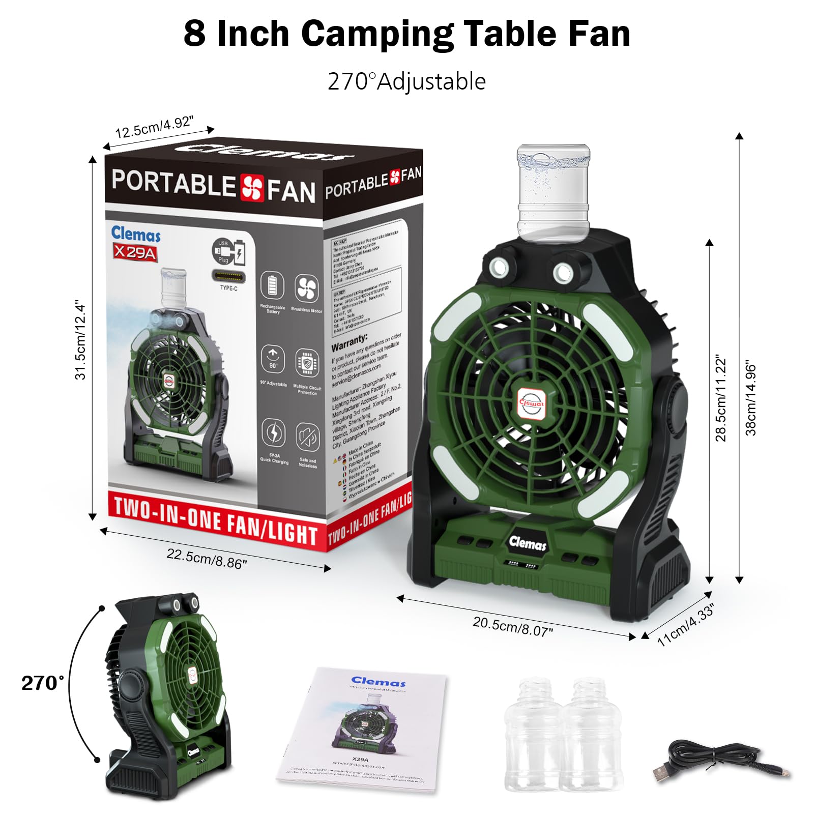 Clemas Camping Fan with Mister Rechargeable | Long Lasting Portable Battery Powered Water Misting Fan Table Fan 14000mAh | 26000mAh | RGB Lights, Timer, Power Supply - For Outdoor & Emergencies