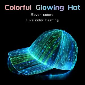 Vastarry LED Cap Fiber Optic Hat with USB Charging, 7 Illuminating Colors, Perfect for Parties, Nightclubs, Music Festivals, (Back,Polyester)