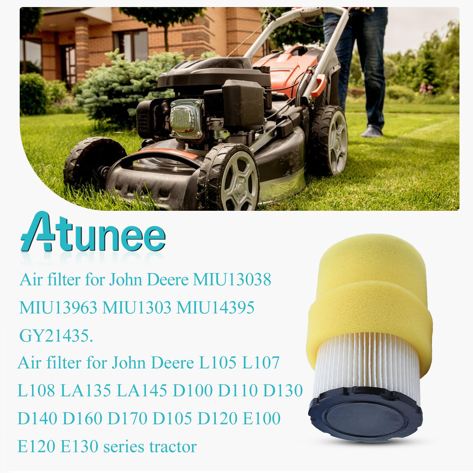 Atunee 3 Pack MIU14395 Air Filter + Pre Filter for John Deere D100 D105 D110 D130 Z225 Z235 Z255 X124 L105 L107 L108 LA135 LA145 E100 E120 E130 Fit GY21435 MIU13038 MIU13963 Lawn Mower Tractor