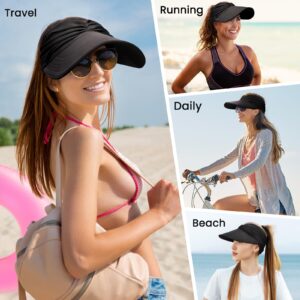 Sun Visor Hats, Wide Brim Sun Hats for Women, UPF 50+ UV Protection Visors for Women, Foldable Packable Ponytail Beach Summer Visor Hat for Sports, Tennis, Golf, Running Black