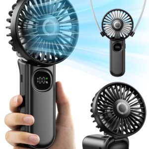 Handheld Fan, Foldable Portable Fan with LED Display, 3000mAh Battery Operated Mini Hand Held Fan, Handheld/Neck/Desk 3 in 1 Personal Small Fan for Eyelash Makeup Travel Beach Outdoor Black