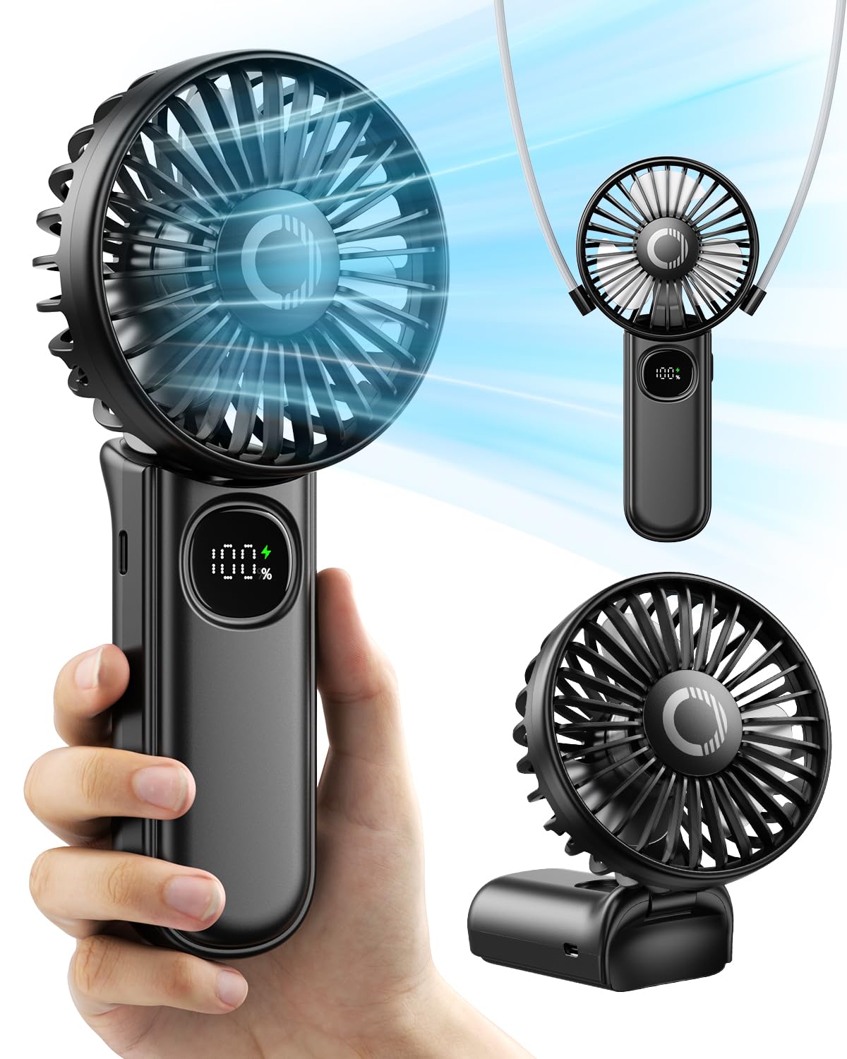 Handheld Fan, Foldable Portable Fan with LED Display, 3000mAh Battery Operated Mini Hand Held Fan, Handheld/Neck/Desk 3 in 1 Personal Small Fan for Eyelash Makeup Travel Beach Outdoor Black