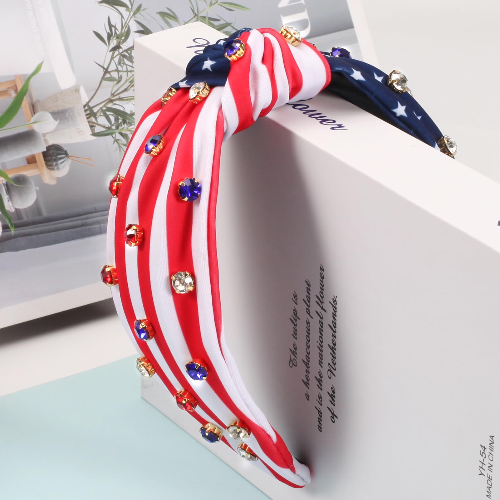 Budsmile American Flag Headbands for Women Girls Independence Day 4th of July Red White Blue Patriotic Headband USA Knotted Wide Rhinestone Hair Accessories Hair Hoops