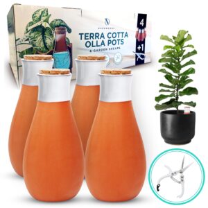 everbrook plant watering globes - terracotta watering spikes - slow release olla watering pots - holds 16 oz - self watering spikes - bonus garden shears