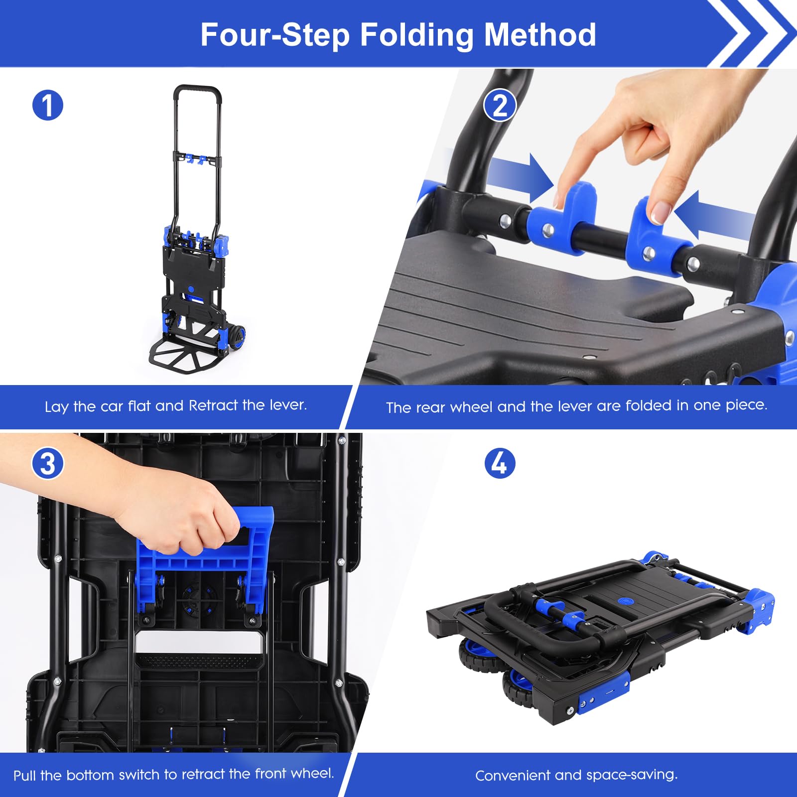 2 in 1 Folding Hand Truck with Folding Basket, 330lbs Heavy Duty Hand Truck Dolly, Portable Moving Dolly Foldable Hand Truck with Retractable Handle, Dolly Cart with Wheels for Market Warehouse (Blue)