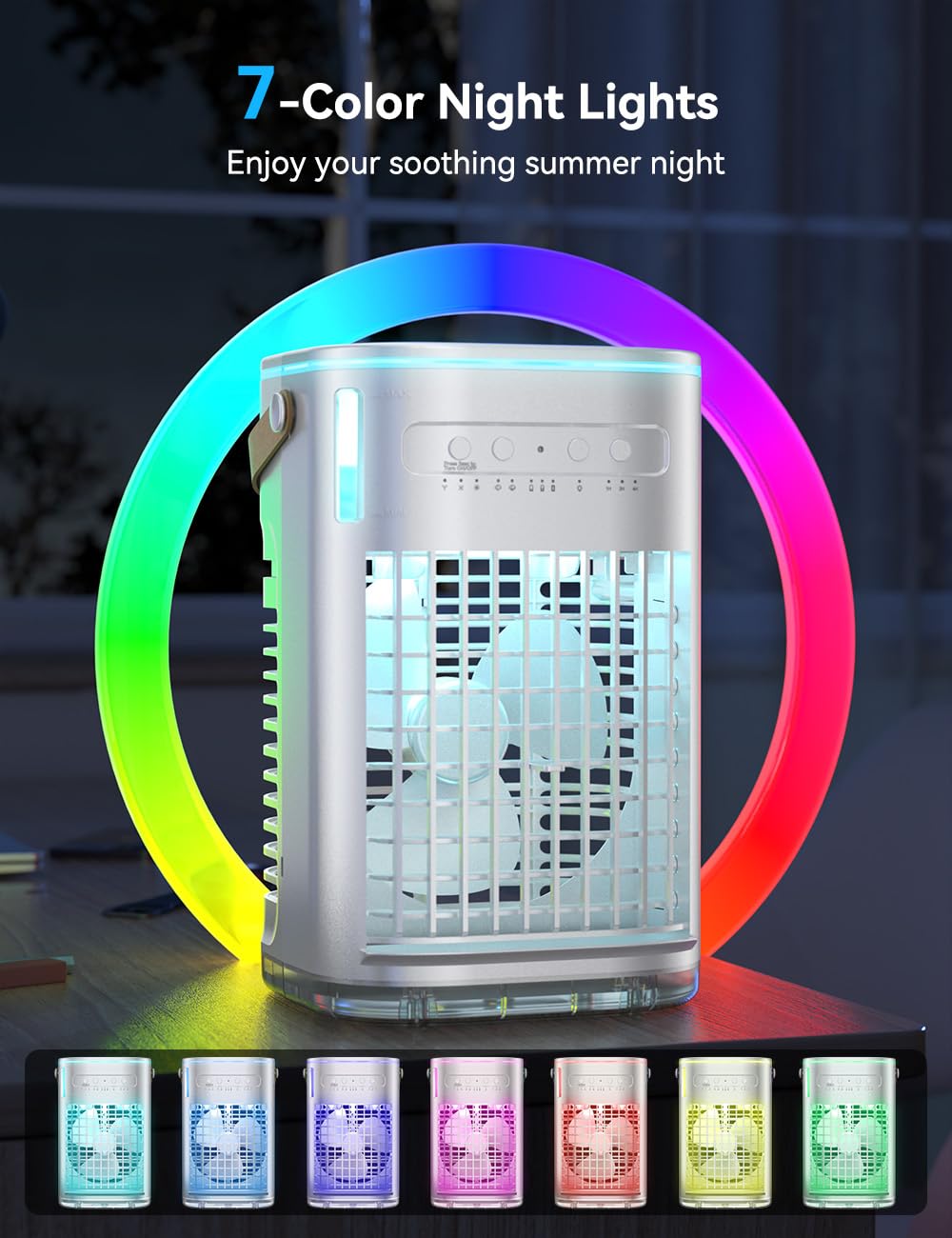 BALKO 4 IN 1 Personal Air Conditioner w/ 5400mAh Li-ion Battery, 2 Ice Packs, 7H Timer for Auto-Off & Remote, 7-LED Lights, 1200ML Tank Small Air Conditioner, Portable Evaporative Air Cooler for Room