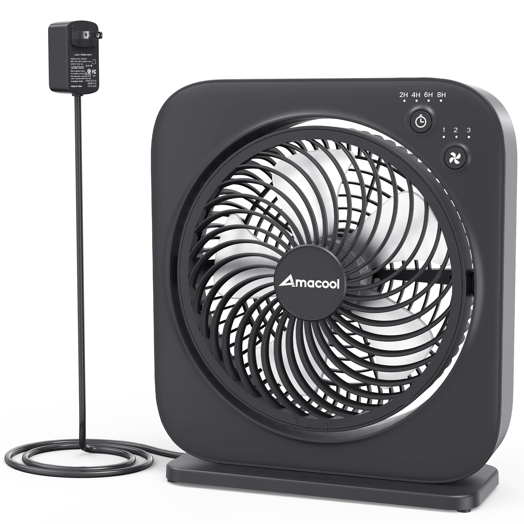 AMACOOL Table Fan, 12 inch Box Fan with 3 Adjustable Speeds & 8HRS Timer, 60° Pivoting Quiet Air Circulator, Desktop Fan for Bedroom Bathroom Kitchen Office, AC Adapter Included-Black