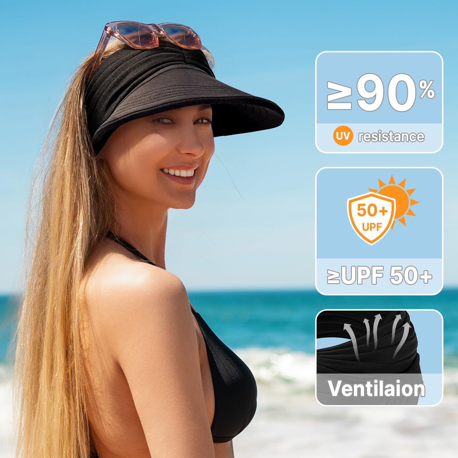 Sun Visor Hats, Wide Brim Sun Hats for Women, UPF 50+ UV Protection Visors for Women, Foldable Packable Ponytail Beach Summer Visor Hat for Sports, Tennis, Golf, Running Black