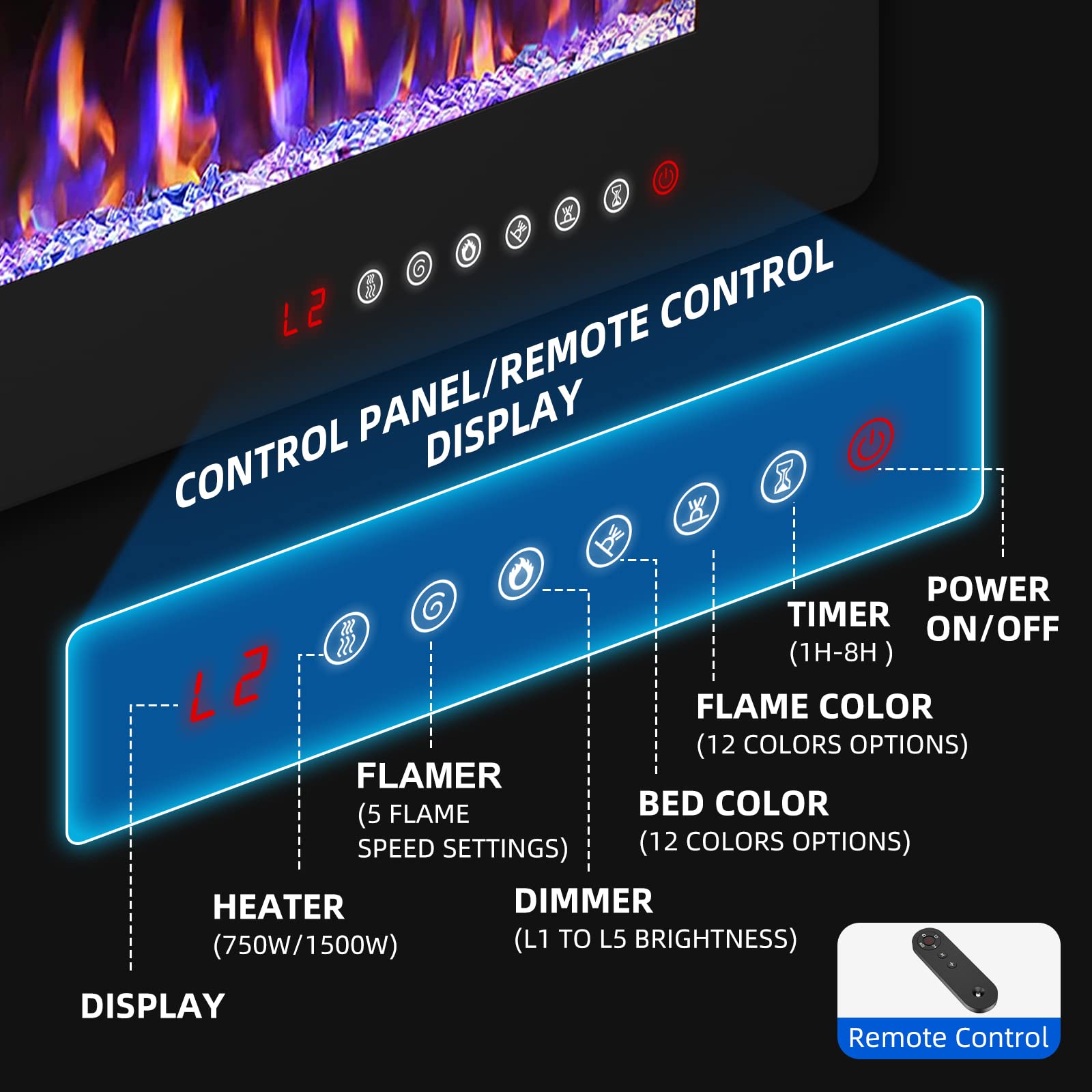 50 inch Electric Fireplace Inserts and Wall Mounted with Remote Control & Touch Screen 1500W Fireplace Heater with Timer