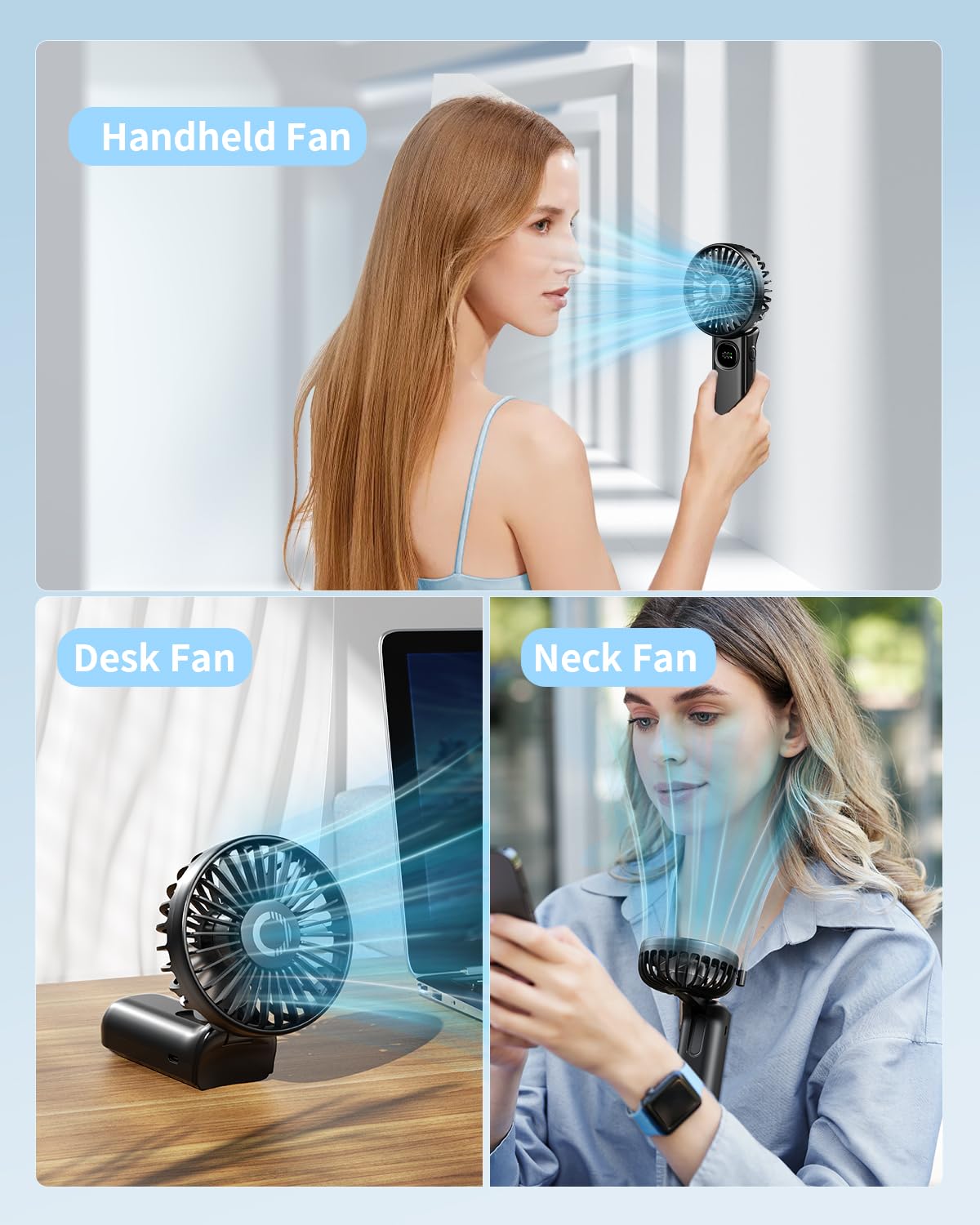 Handheld Fan, Foldable Portable Fan with LED Display, 3000mAh Battery Operated Mini Hand Held Fan, Handheld/Neck/Desk 3 in 1 Personal Small Fan for Eyelash Makeup Travel Beach Outdoor Black