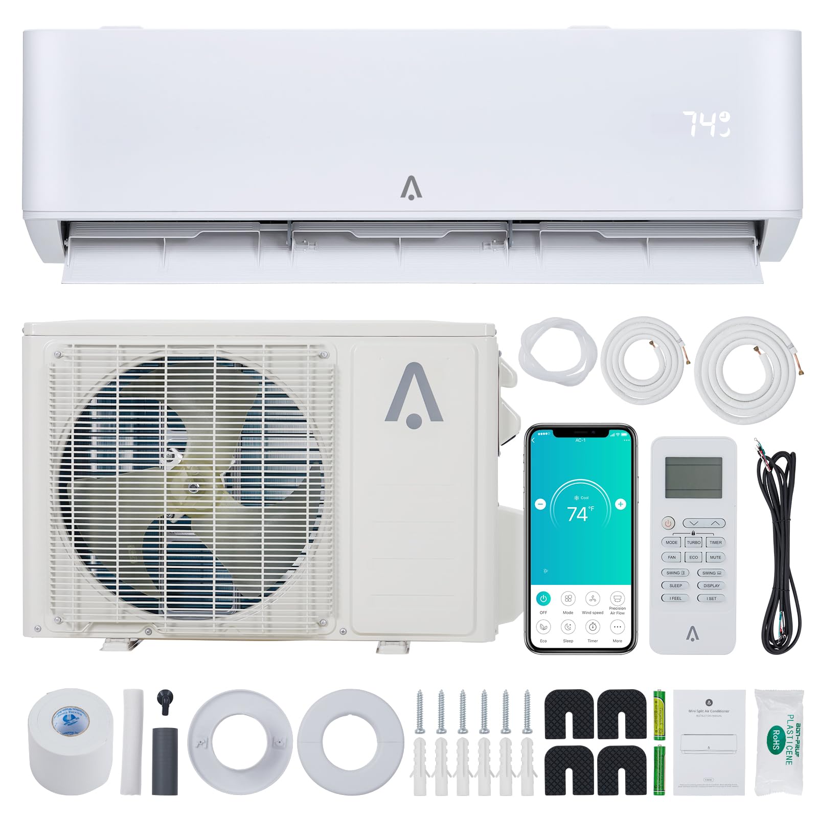 ACONEE 24,000 BTU AC/Heating 23 SEER, 208/230V, System Inverter Cools Rooms 1500 Sq.Ft, Wall Mount Ductless C Split Air Conditioner, White