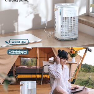 BALKO 4 IN 1 Personal Air Conditioner w/ 5400mAh Li-ion Battery, 2 Ice Packs, 7H Timer for Auto-Off & Remote, 7-LED Lights, 1200ML Tank Small Air Conditioner, Portable Evaporative Air Cooler for Room