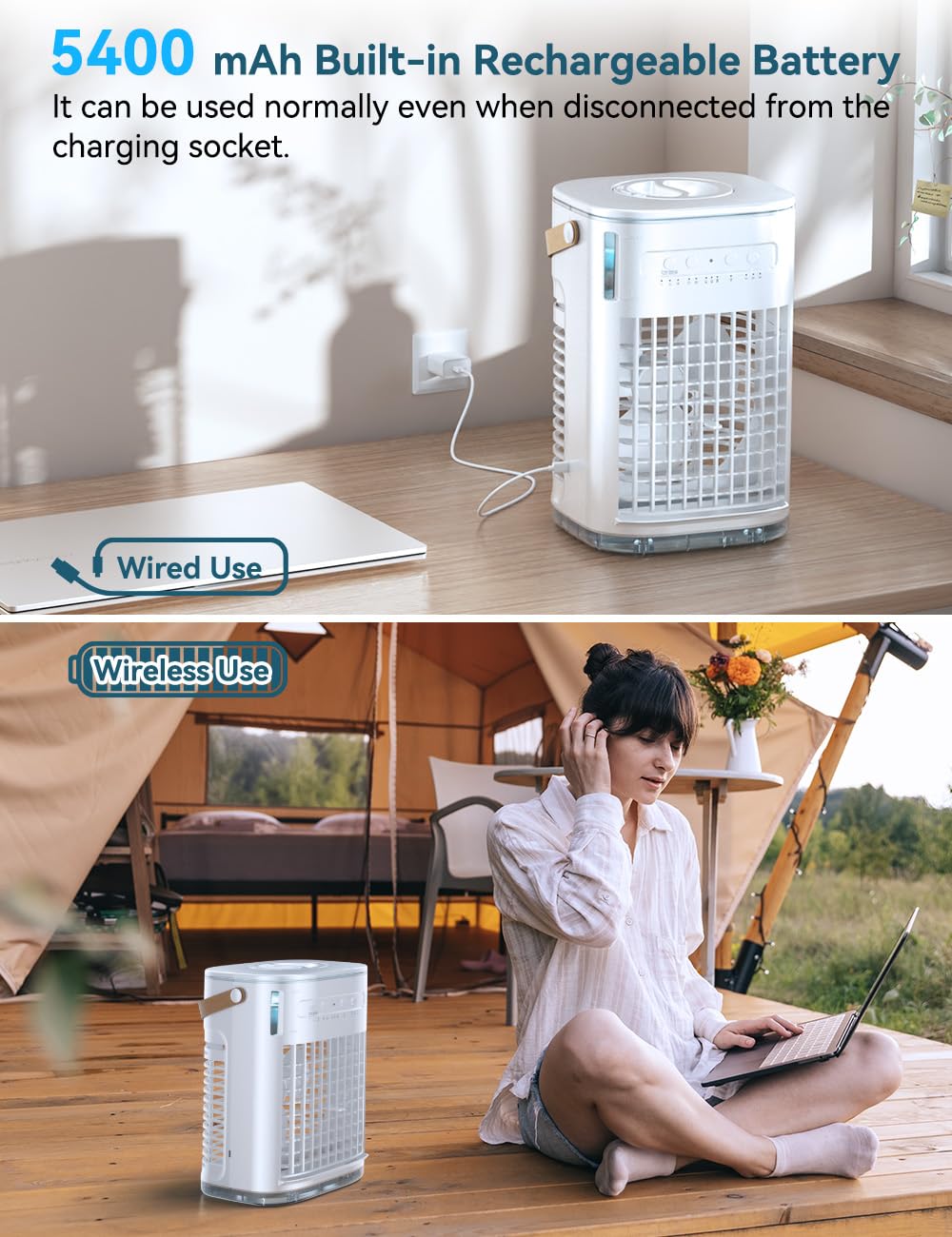 BALKO 4 IN 1 Personal Air Conditioner w/ 5400mAh Li-ion Battery, 2 Ice Packs, 7H Timer for Auto-Off & Remote, 7-LED Lights, 1200ML Tank Small Air Conditioner, Portable Evaporative Air Cooler for Room