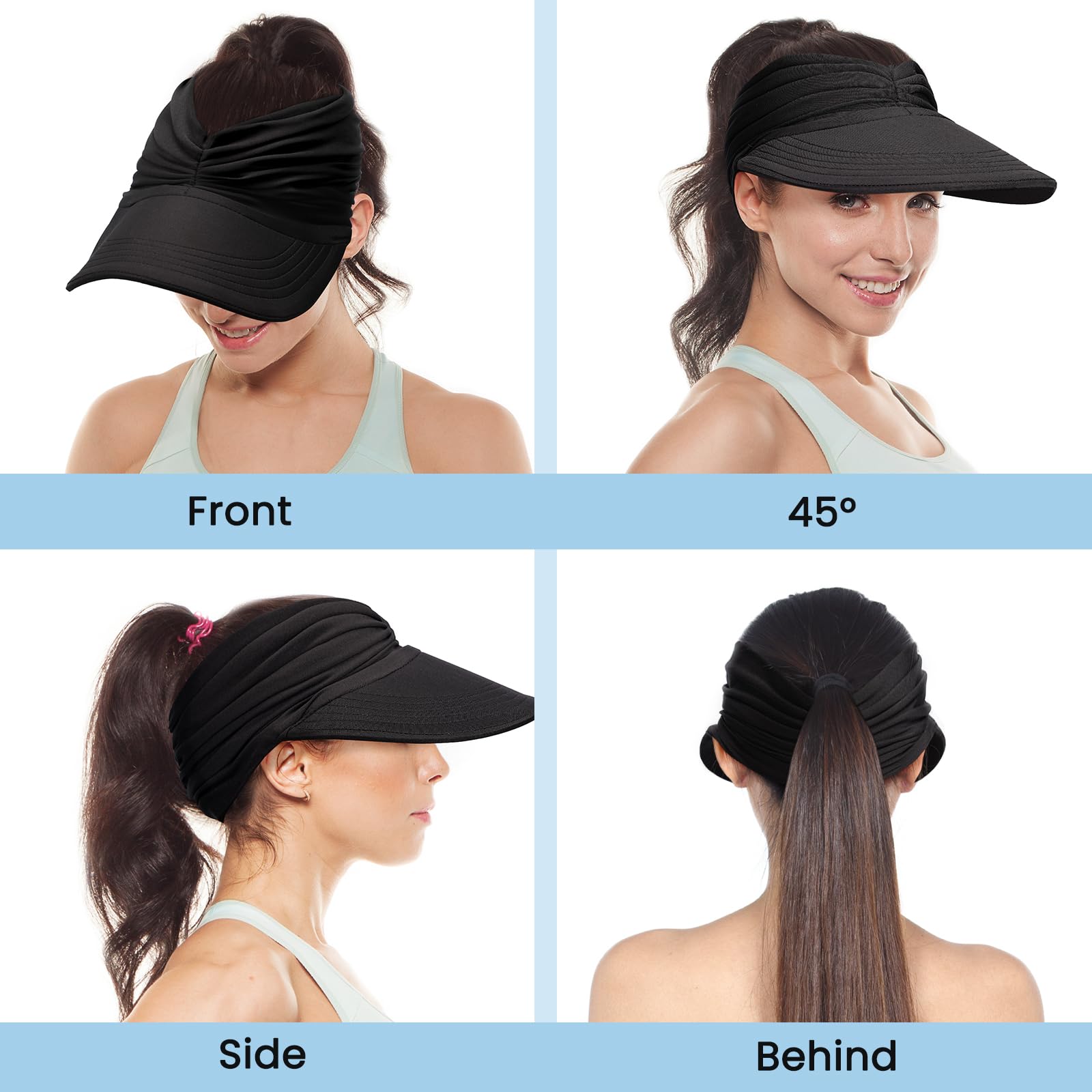 Sun Visor Hats, Wide Brim Sun Hats for Women, UPF 50+ UV Protection Visors for Women, Foldable Packable Ponytail Beach Summer Visor Hat for Sports, Tennis, Golf, Running Black