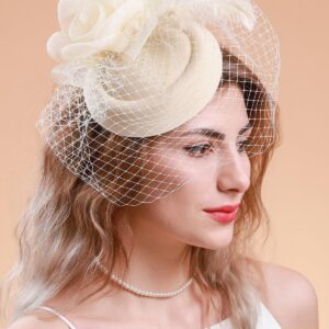 Cizoe Fascinators Hats 20s 50s Hat Pillbox Hat Cocktail FlowerTea Party Headwear with Veil for Girls and Women(Beige)