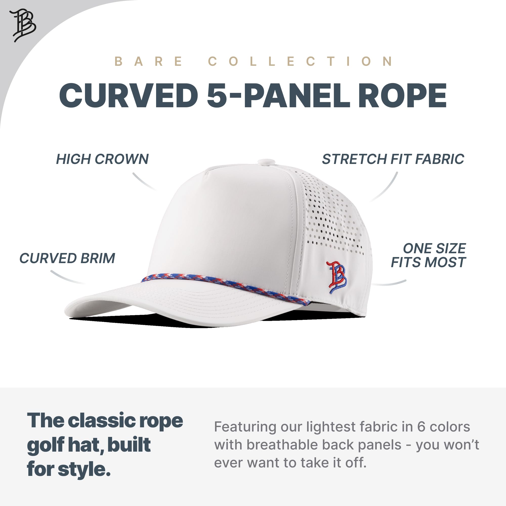 Branded Bills Party Eagle PVC Curved 5 Panel Rope Hat, White/RWB Rope, Fits 7-7 7/8, Adjustable Snapback | Lightweight, Comfort Stretch, & Quick Dry Baseball Cap