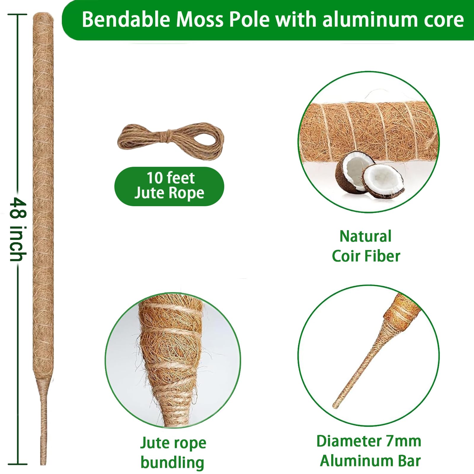 Moss Pole, 48 Inch Bendable Monstera Plant Support, Moss Poles for Climbing Plants Accessories Indoor, Coir Plant Pole Sticks Support Stakes for Potted Plants, Pothos, Philodendron, PlantPolex