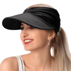 sun visor hats, wide brim sun hats for women, upf 50+ uv protection visors for women, foldable packable ponytail beach summer visor hat for sports, tennis, golf, running black