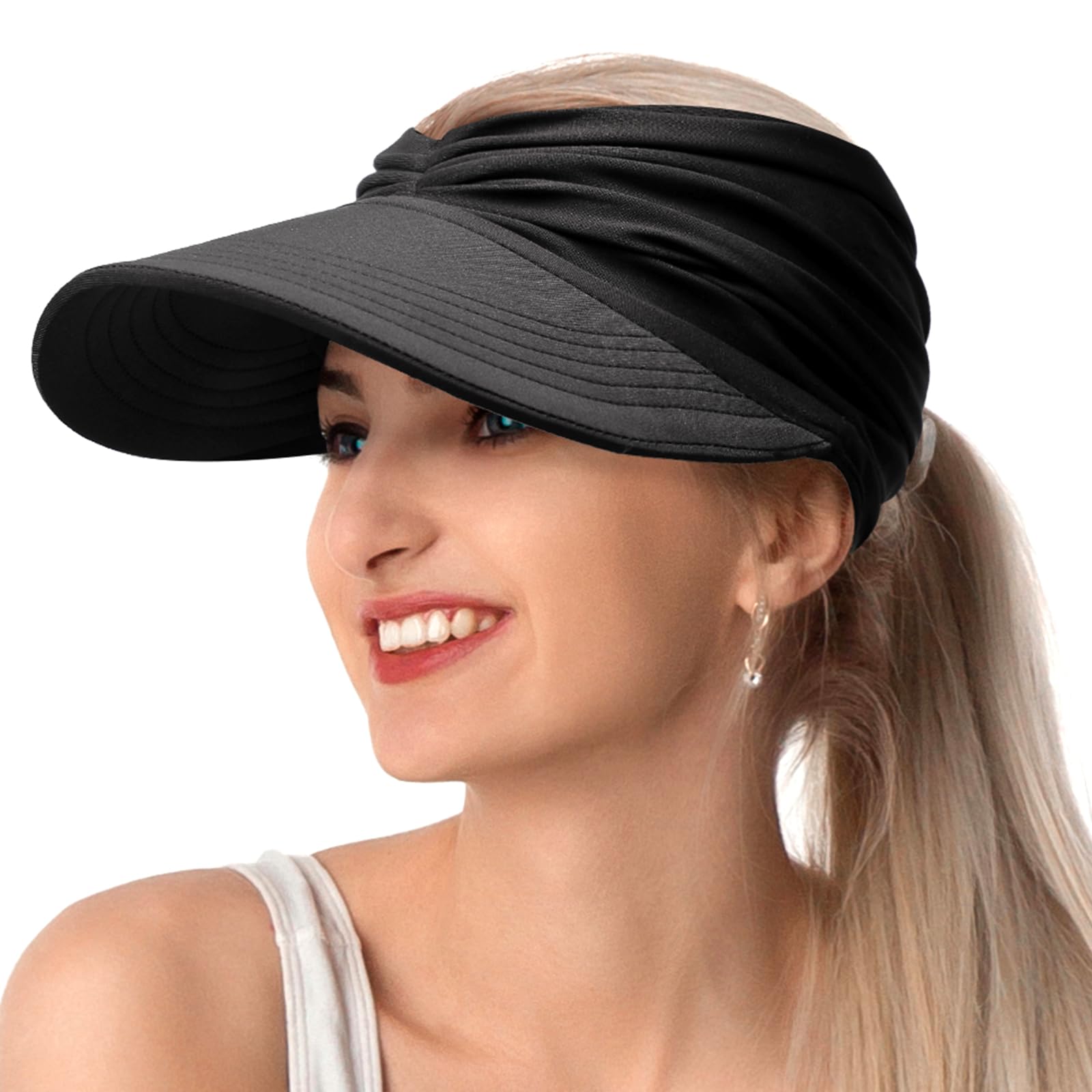 Sun Visor Hats, Wide Brim Sun Hats for Women, UPF 50+ UV Protection Visors for Women, Foldable Packable Ponytail Beach Summer Visor Hat for Sports, Tennis, Golf, Running Black