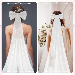 Dingion 9.84 ft 1 Tier Wedding Bow Knot Veil Long Pearl Veils White Tulle Hair Clip Bride Hair Accessories for Bridal Shower Bachelorette Party Decorations