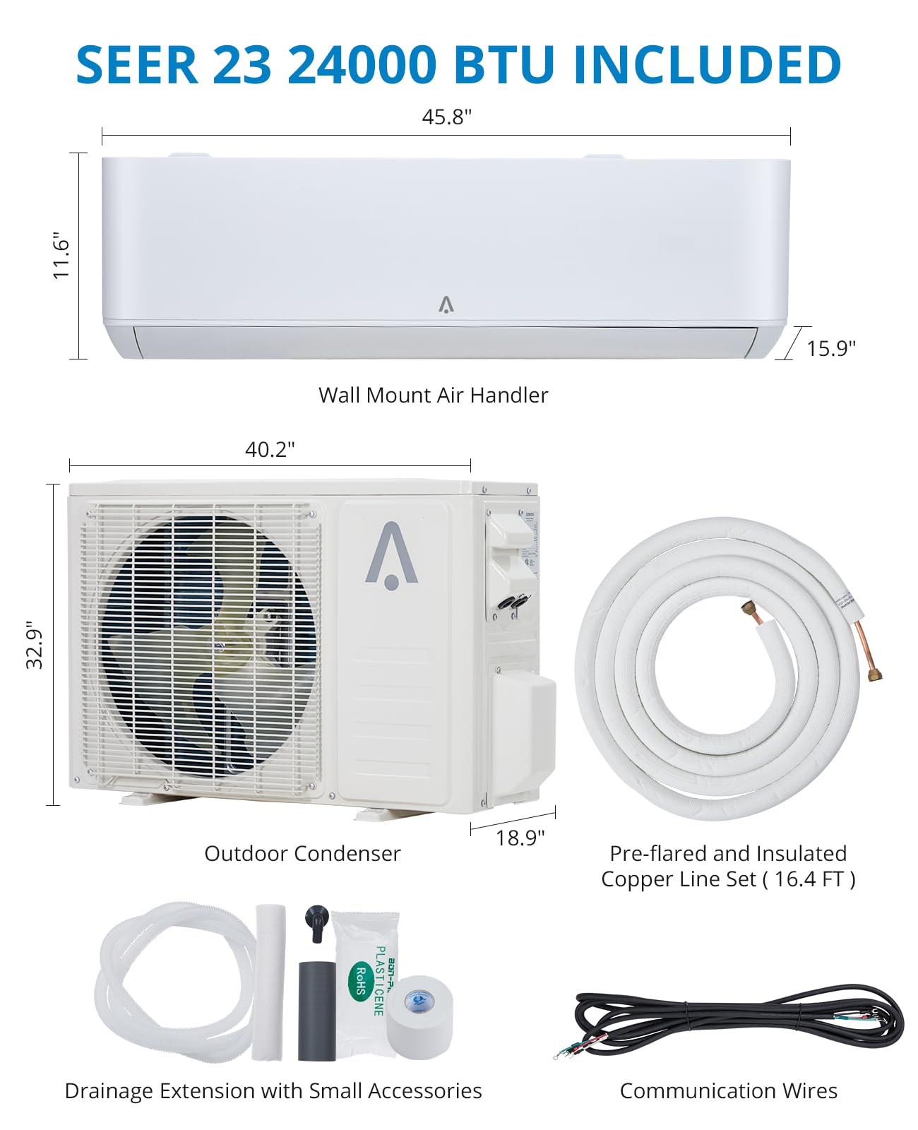 ACONEE 24,000 BTU AC/Heating 23 SEER, 208/230V, System Inverter Cools Rooms 1500 Sq.Ft, Wall Mount Ductless C Split Air Conditioner, White