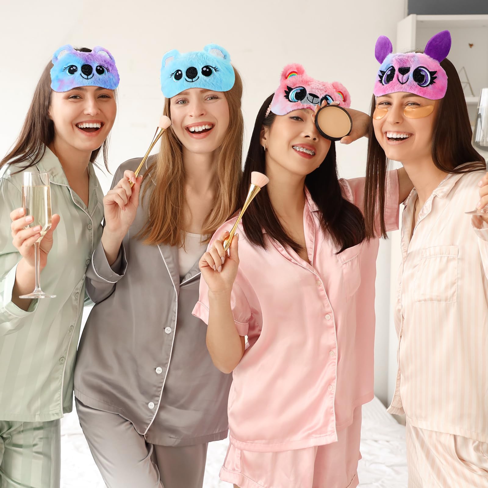 Maiteenly 16 Pcs Sleepover Party Supplies 8 Pcs Animal Sleep Eye Masks 8 Pcs Bow Makeup Headbands Plush Sleeping Eye Mask for Washing Face Makeup Shower Women Gift