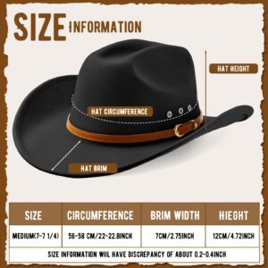 Breathffy 2 Pcs Cowboy Hat Felt Wide Brim Cowgirl Hats with Belt Classic Outdoor Western Hats for Women Men Adults (Black,Coffee)