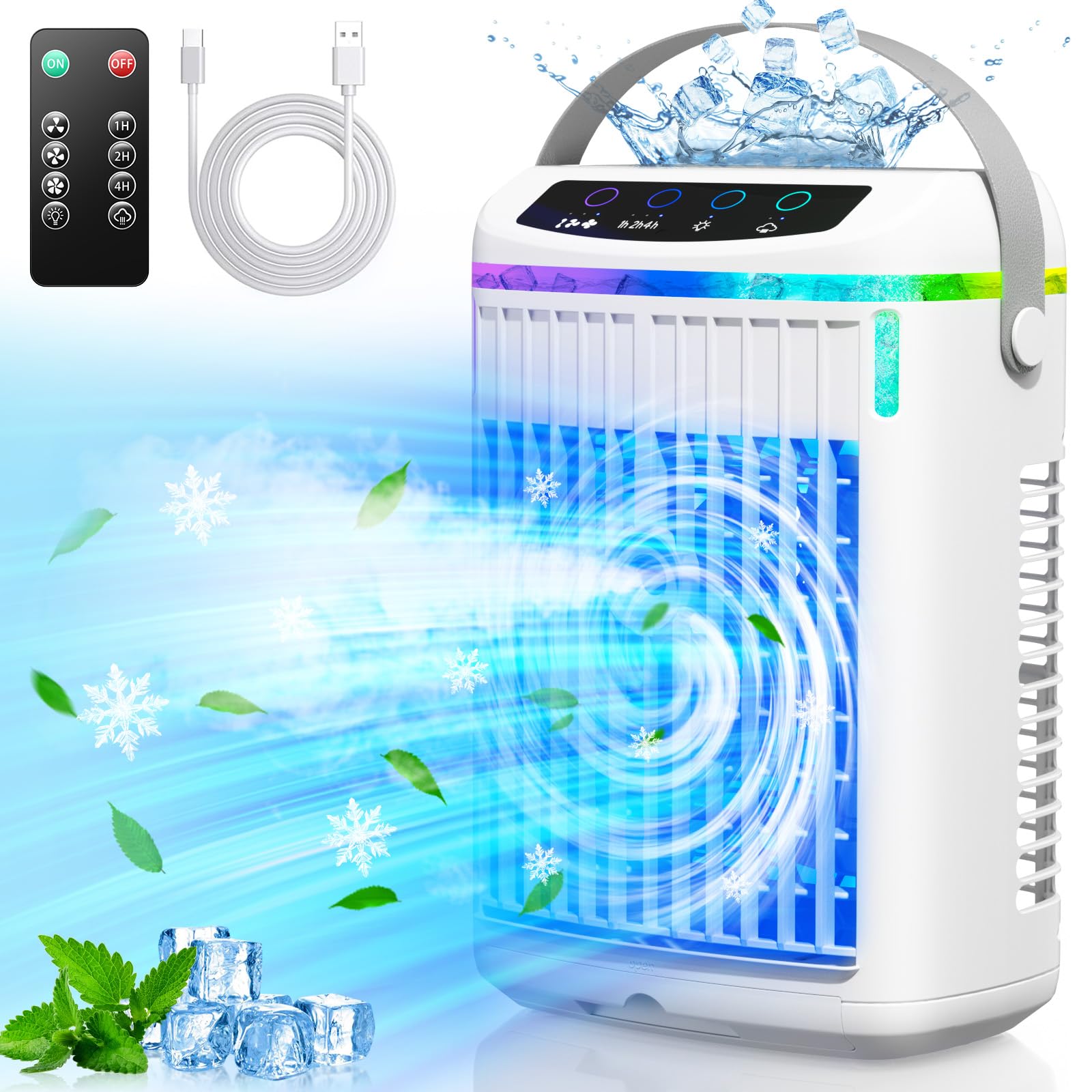 Evaporative Air Cooler, PERKDS Portable Air Conditioner with Quiet, 3 wind speeds & 2 Cool Mist with Colorful Night Light, Mini air conditioner for Bedroom Room Car Office