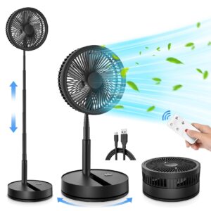 lipety portable foldable rechargeable oscillating fan - 9" 7200mah battery operated usb c small fan remote, quiet table desk fan folding standing pedestal fan for bedroom rome office camping travel