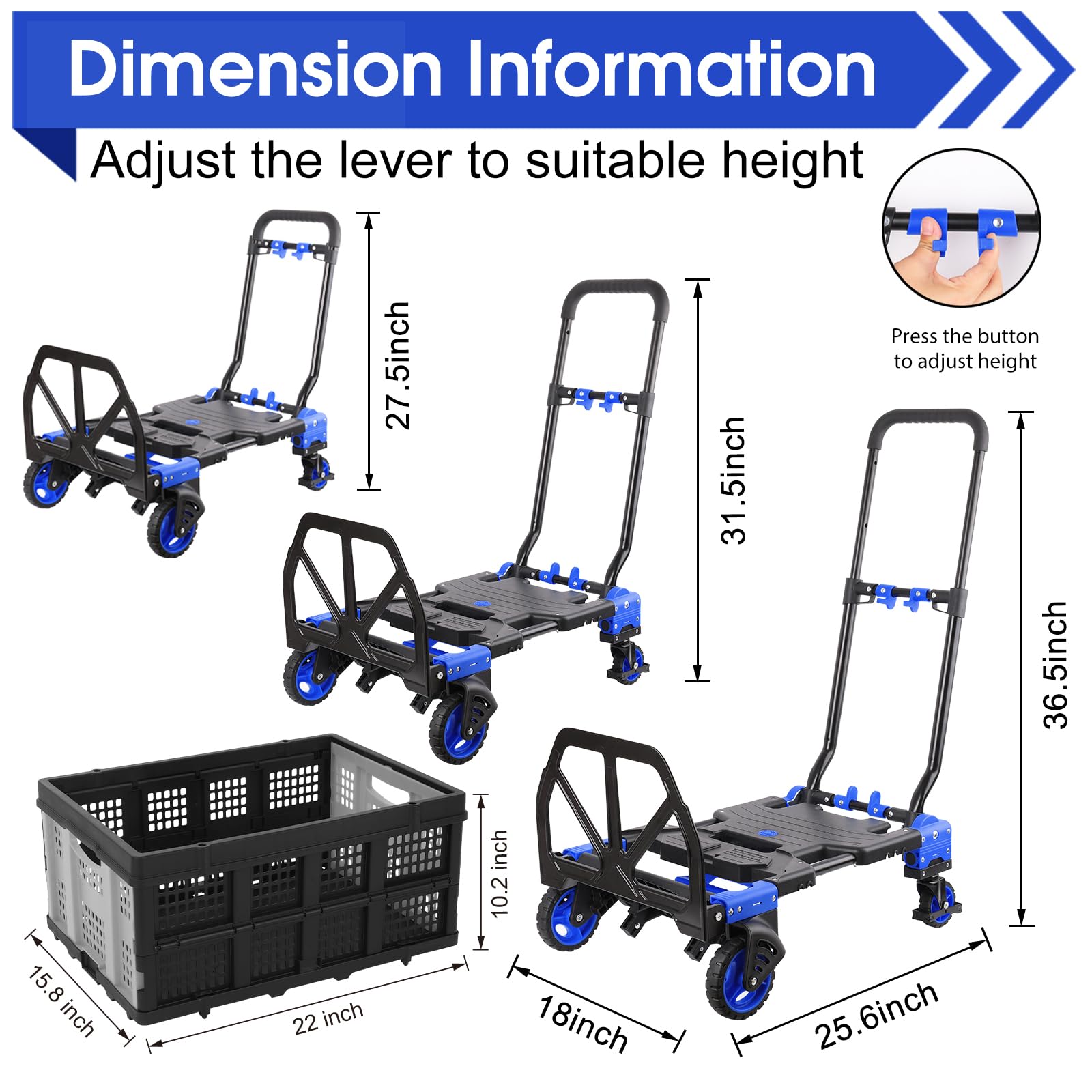 2 in 1 Folding Hand Truck with Folding Basket, 330lbs Heavy Duty Hand Truck Dolly, Portable Moving Dolly Foldable Hand Truck with Retractable Handle, Dolly Cart with Wheels for Market Warehouse (Blue)