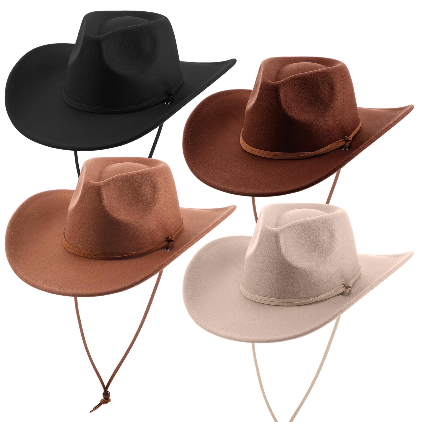 Velmitten Western Cowboy Hat for Men and Women, 4 Pack with Silk Hair Scarfs, Wide Brim Cowboy Hat, Unisex, Outdoor Activities Accessory, One Size, Black, Khaki, Coffee, Beige, Red, White