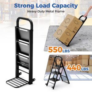 S AFSTAR 2-in-1 Folding Ladder & Hand Truck Combo, 3-Step Step Ladder with Wheels, Convertible Hand Cart with Wide Steps, 550 Max Load, Heavy-Duty Metal Dolly Cart Ladder for Home Office Garage