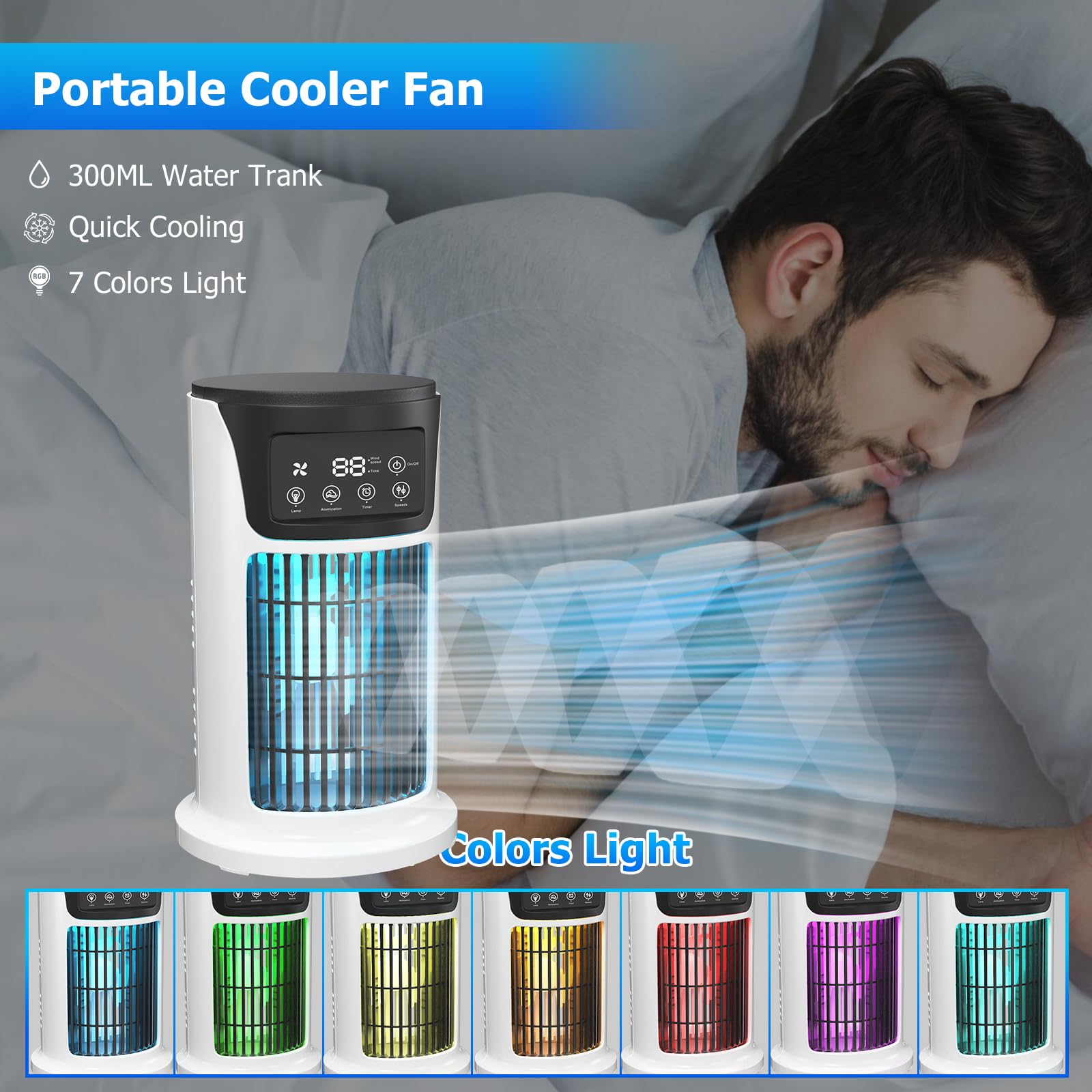 Portable Air Conditioner Fan, MAXROCK Portable AC Personal Mini Air Cooler 6 Speed Desk Air Cooling Fan 7 Colors LED Light with Timing Function for Personal Use