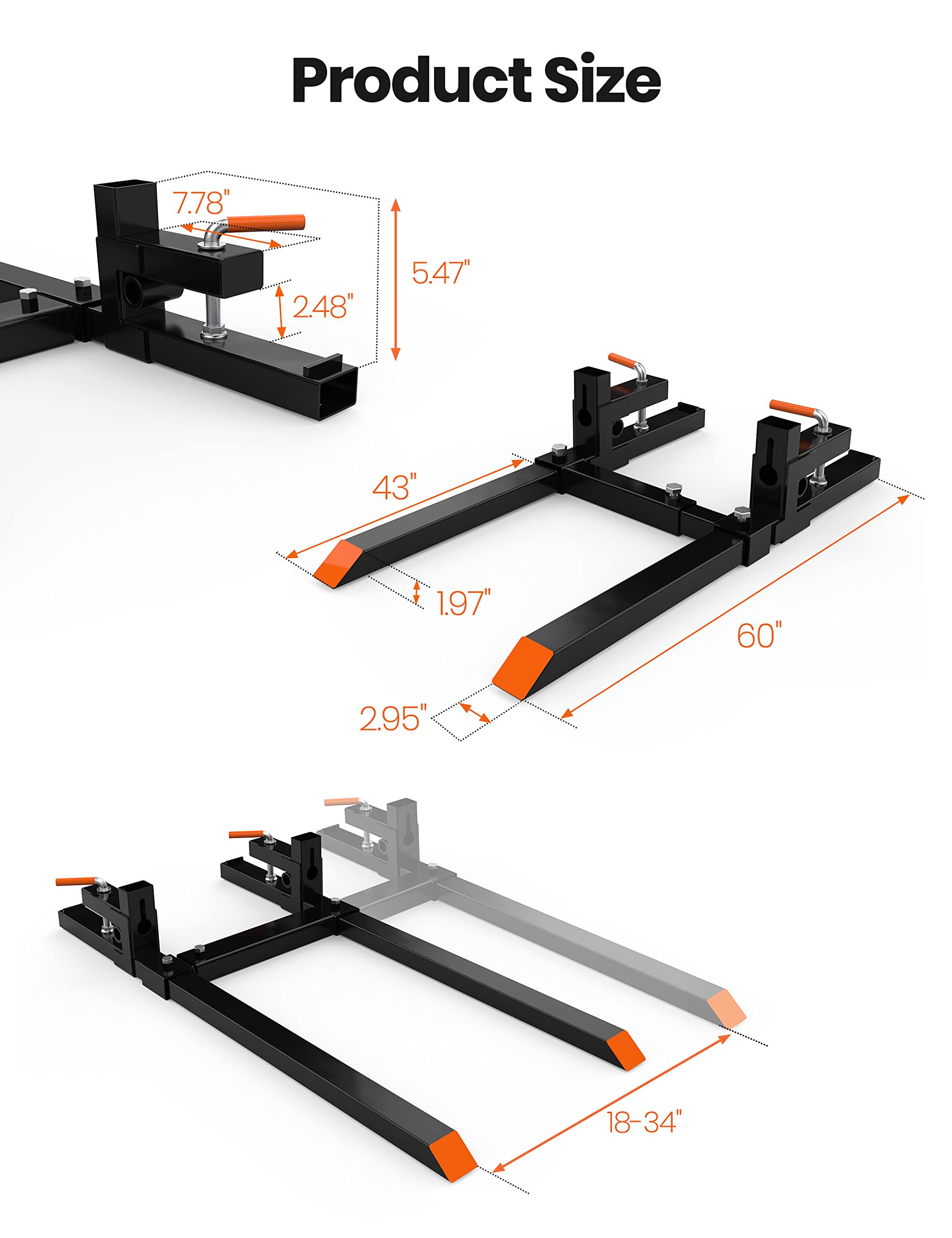 GAOMON 60" Clamp-On Pallet Forks with Adjustable Stabilizer Bar, 2000 LBS Capacity for Loader Bucket