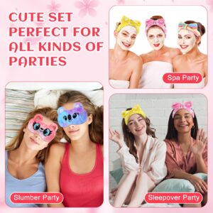 Maiteenly 16 Pcs Sleepover Party Supplies 8 Pcs Animal Sleep Eye Masks 8 Pcs Bow Makeup Headbands Plush Sleeping Eye Mask for Washing Face Makeup Shower Women Gift