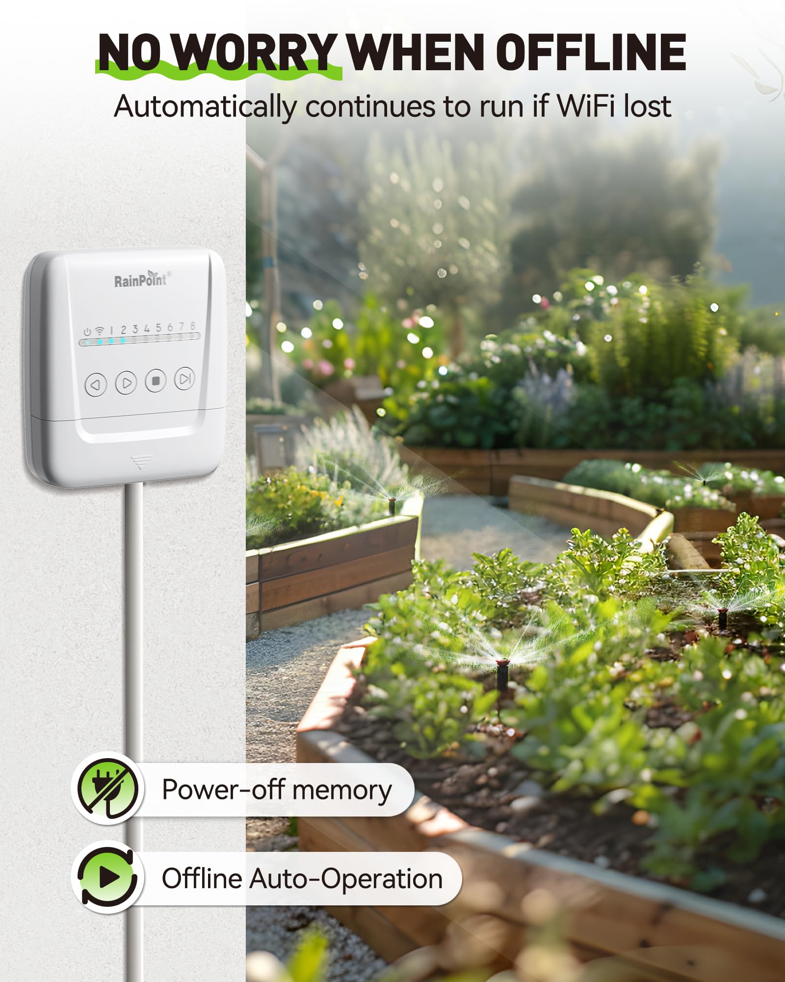 RAINPOINT 8 Zone Smart Sprinkler Controller - Local Weather Intelligence WiFi Sprinkler System Controller, Easy Install APP Control Irrigation System, Sprinkler Timer for Garden Yard