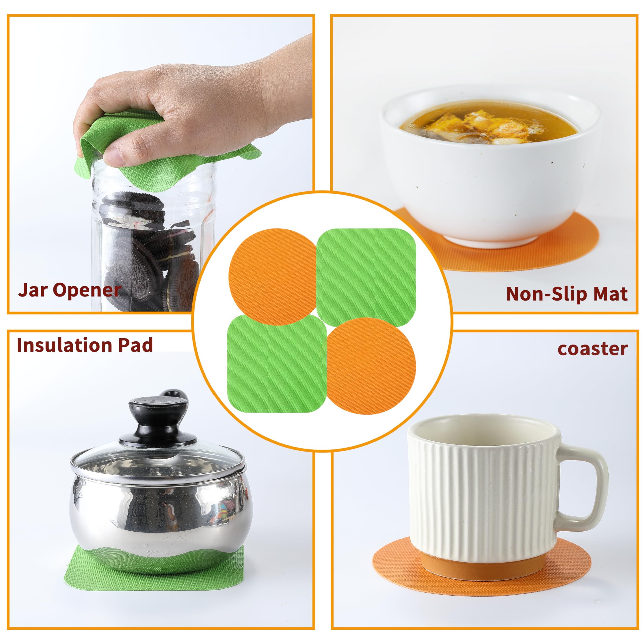 4PCS Jar Opener Gripper Pads, MONGSEW Rubber Jar Opener Grippers for Seniors with Arthritis & Weak Hands (Orange+Green)