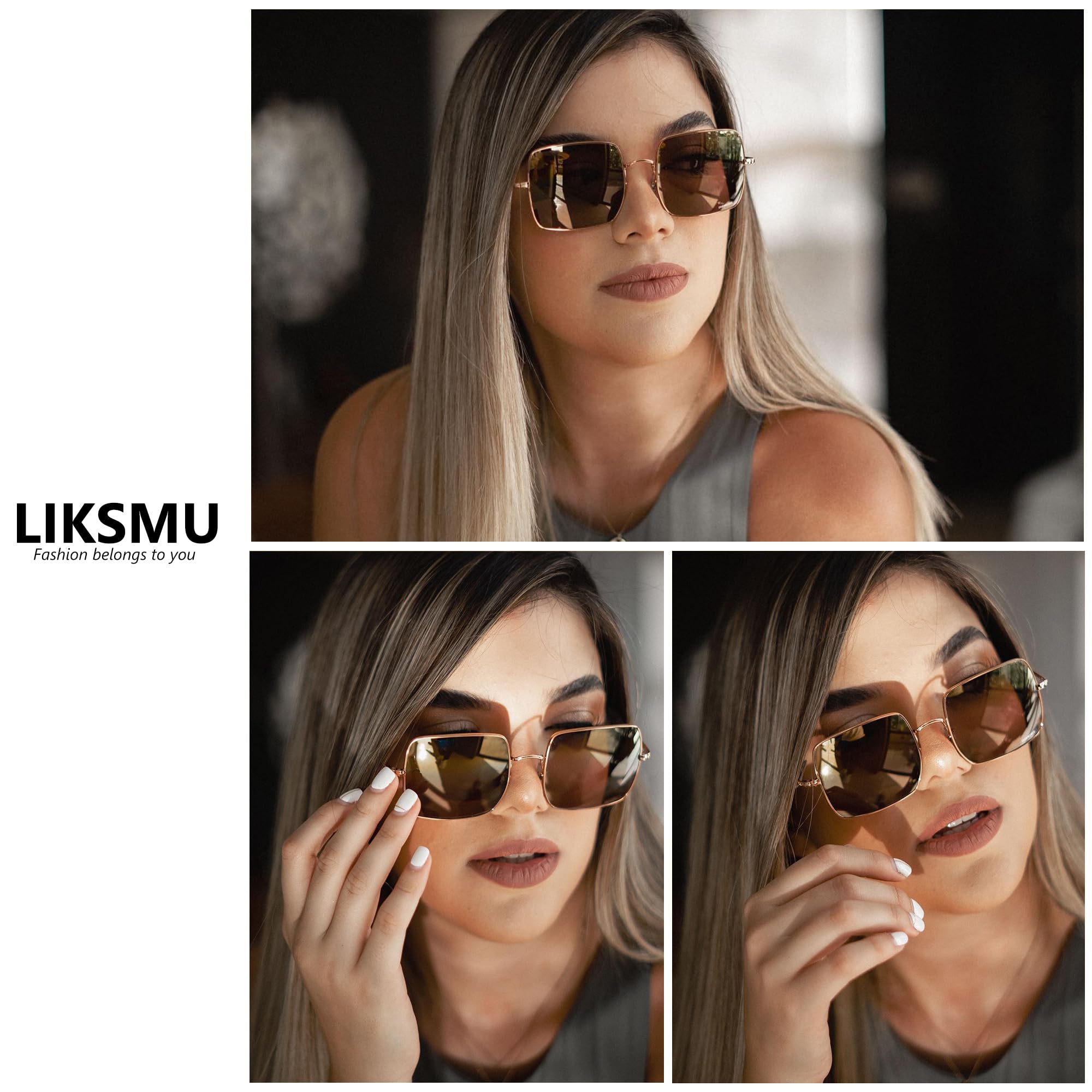 LIKSMU Square Sunglasses for Women Men Polarized Vintage Retro Metal Frame Trendy Sun Glasses Gold Frame